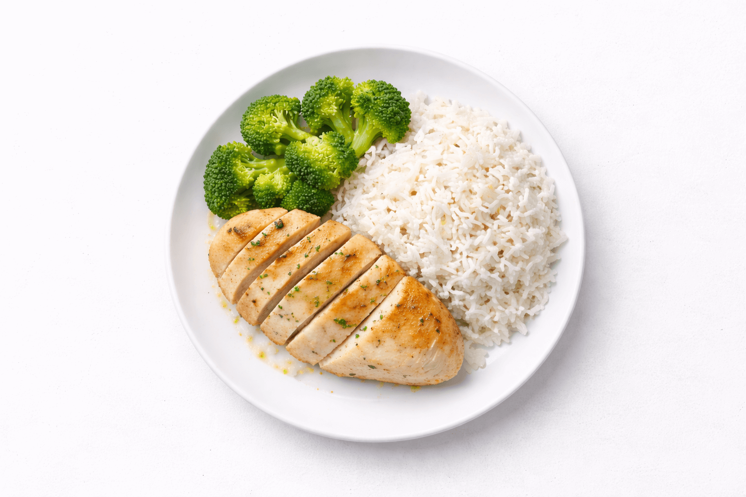 Same meal: rice, grilled chicken, vegetables β smaller portion